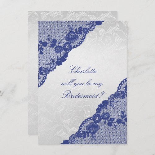 Will You Be My Bridesmaid Silver Navy Blue Lace Invitation