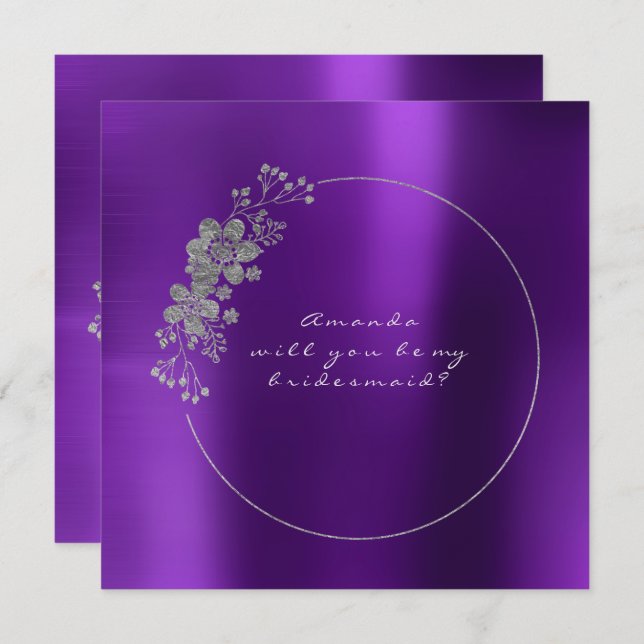 Will You Be My Bridesmaid Silver Purple Metallic Invitation (Front/Back)