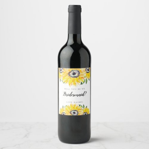 Will you be my Bridesmaid Sunflower Elegant Floral Wine Label