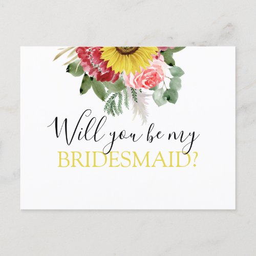 Will You be My Bridesmaid Sunflower Eucalyptus Announcement Postcard