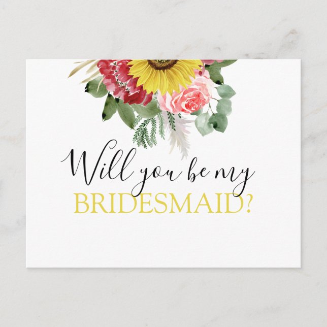 Will You be My Bridesmaid Sunflower Eucalyptus Announcement Postcard (Front)