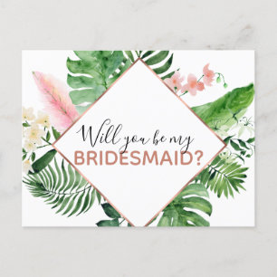 Will you Be My Bridesmaid Tropical Palm Watercolor Announcement Postcard