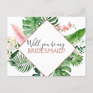 Will you Be My Bridesmaid Tropical Palm Watercolor Announcement Postcard
