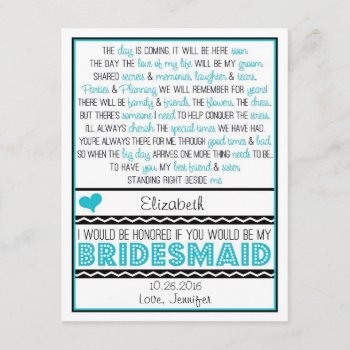 Will You Be My Bridesmaid? Turquoise/black Poem Invitation by weddingsnwhimsy at Zazzle