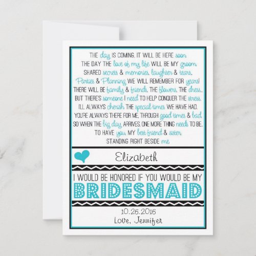 Will you be my Bridesmaid? Turquoise/Black Poem Invite