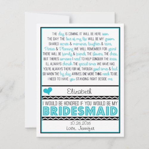 Will you be my Bridesmaid? Turquoise/Black Poem V2 Custom Announcement