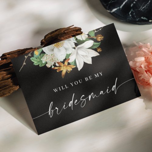 Will you be my bridesmaid Vintage camellia black Postcard