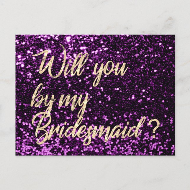 Will You Be My Bridesmaid Violet Plum Gold Script Invitation Postcard (Front)
