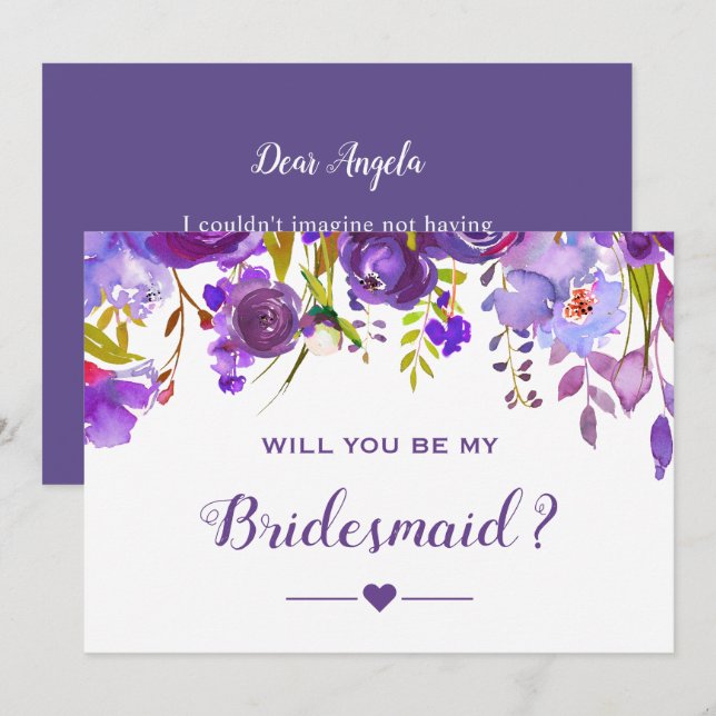 Will You Be My Bridesmaid Violet Purple Floral Invitation (Front/Back)