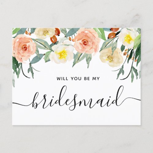 Will you be my bridesmaid Watercolor blush floral Postcard