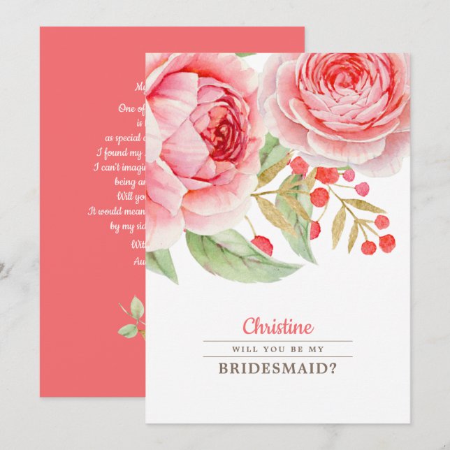 Will you be my Bridesmaid? Watercolor Invitations (Front/Back)