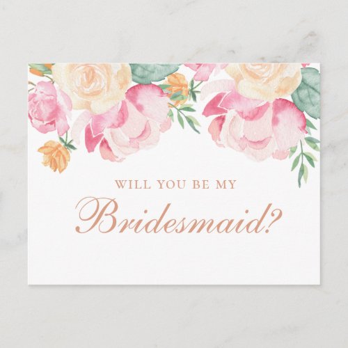 Will you be my bridesmaid Watercolor pink floral Invitation Postcard