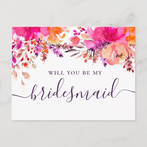 Will you be my bridesmaid Watercolor pink floral Invitation Postcard