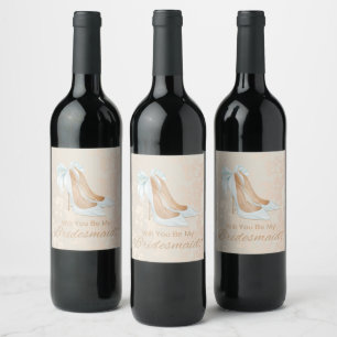 will you be my bridesmaid, wedding white heels wine label