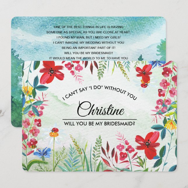 Will you be my Bridesmaid? Wild Meadow Wildflowers Invitation (Front/Back)