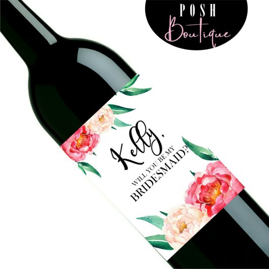 Will You Be My Bridesmaid Wine Label - Boho Floral (Front)