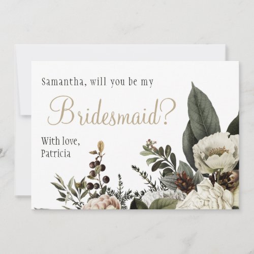 Will you be my bridesmaid winter floral wedding invitation