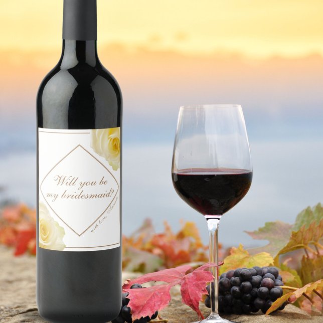 Will you be my Bridesmaid Yellow Rose Floral Wine Label (Creator Uploaded)