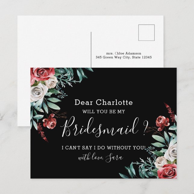 Will You Be My Bridesman Card Bohemian Black Roses (Front/Back)