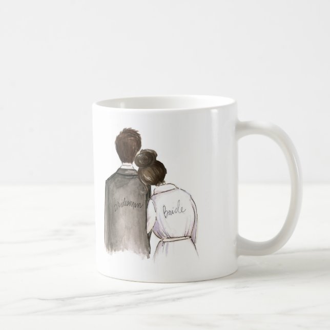 Will you be my Bridesman? Dark Hair Man and Bride Coffee Mug (Right)