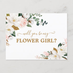 Will You Be My Flower Girl Blush Pink Floral Gold Postcard