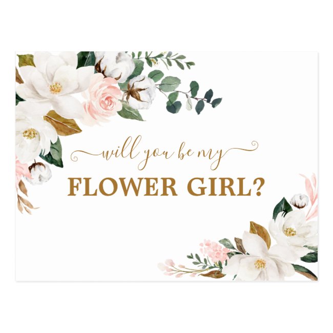 Will You Be My Flower Girl Blush Pink Floral Gold Postcard