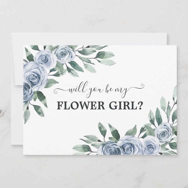 Will You Be My Flower Girl Dusty Blue Floral Card (Front)