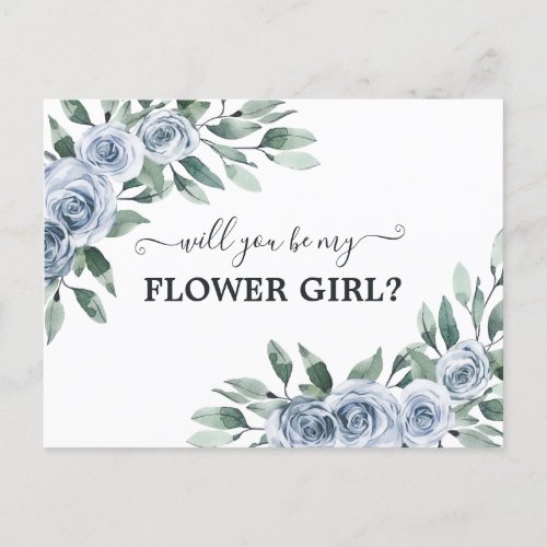 Will You Be My Flower Girl Dusty Blue Rose Floral Postcard