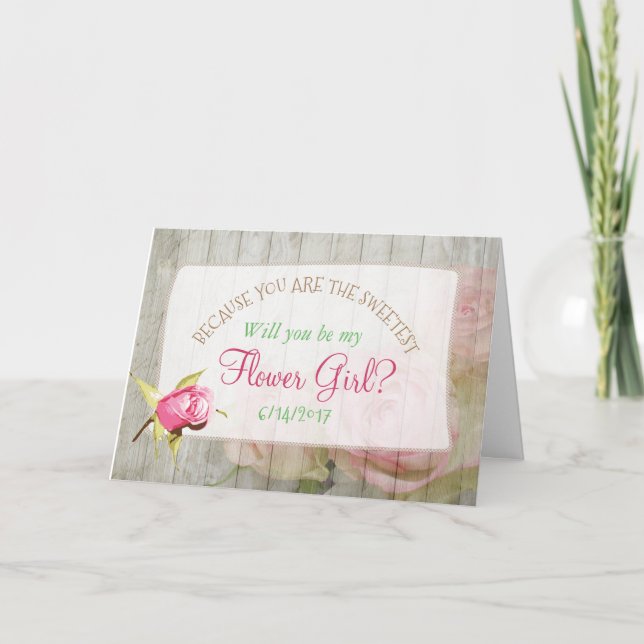 Will you be my Flower Girl Floral Rustic Wood Card (Front)