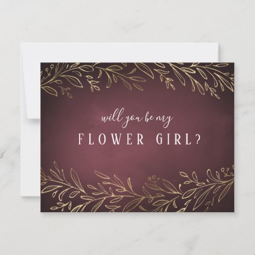 Will you be my flower girl gold burgundy botanical invitation