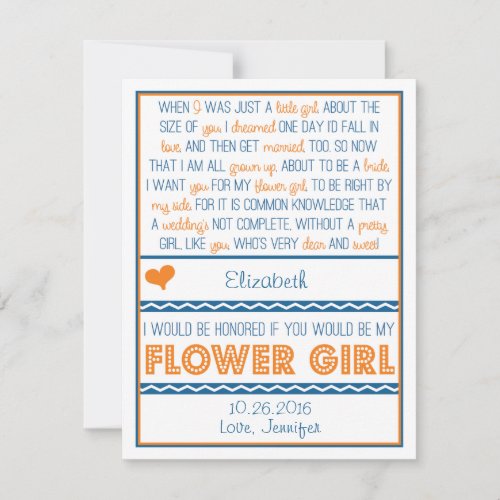 Will you be my Flower Girl? Navy Blue/Orange Poem Announcement