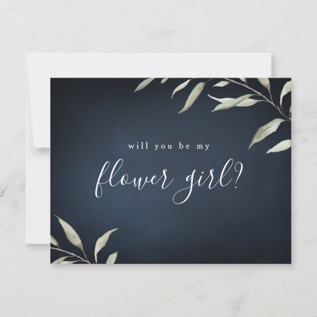 Will you be my flower girl navy minimal greenery invitation (Front)