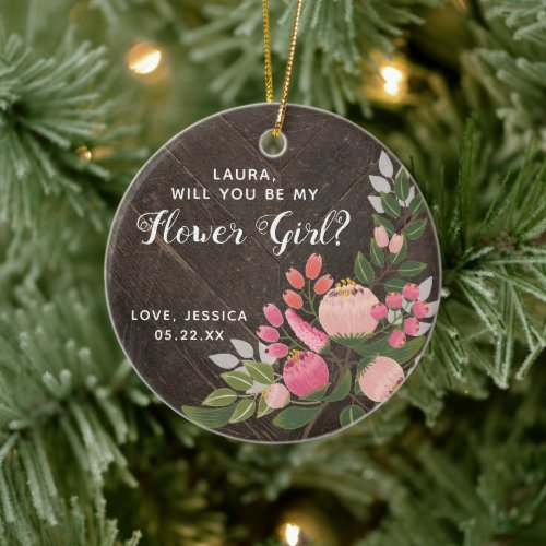 Will You Be My Flower Girl Personalized Dark Wood Ceramic Ornament