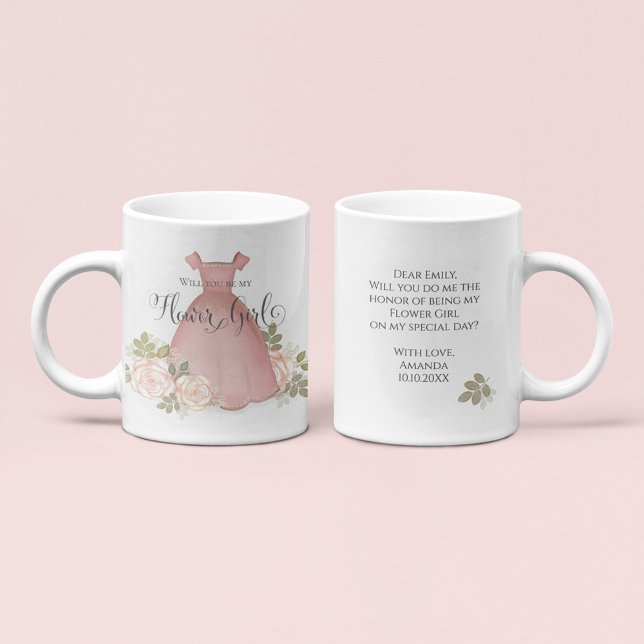 Will You Be My Flower Girl Personalized Proposal Coffee Mug (Will you be my flower girl proposal mug with pink dress watercolor and personalized message.)
