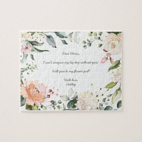 Will You Be My Flower Girl Pink Floral Script Jigsaw Puzzle