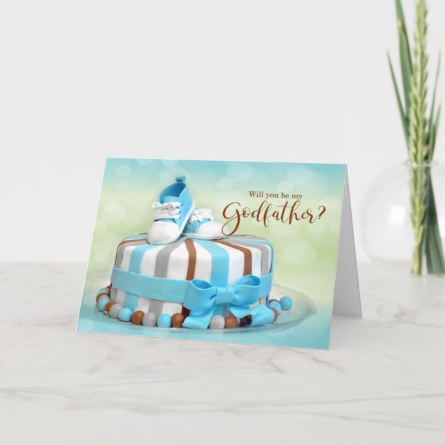 Will you be my Godfather Blue and Brown Cake Card (Front)