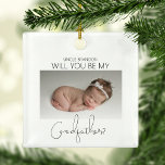 Will You Be My Godfather? Christmas Tree Ceramic Ornament<br><div class="desc">Ask your best friend, brother or cousin to be your baby's godfather with this gorgeous minimalist 2 sided photo christmas tree ornament, Featuring a cute photo of your baby, asking the question and on the other side another photo with a template message, the font styles and background color can be...</div>