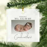 Will You Be My Godmother? Christmas Tree Ceramic Ornament<br><div class="desc">Ask your best friend, sister or cousin to be your baby's godmother with this gorgeous minimalist 2 sided photo christmas tree ornament, Featuring a cute photo of your baby, asking the question and on the other side another photo with a template message, the font styles and background color can be...</div>