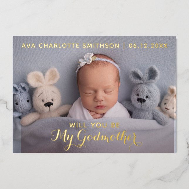 Will You Be My Godmother Classy Personalized Photo Foil Holiday Card (Front)