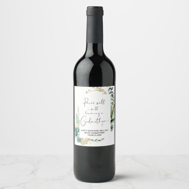 Will You Be My Godmother New Baby Announcement Win Wine Label (Front)