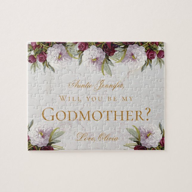 Will You Be My Godmother Proposal Burgundy Peonies Jigsaw Puzzle (Horizontal)