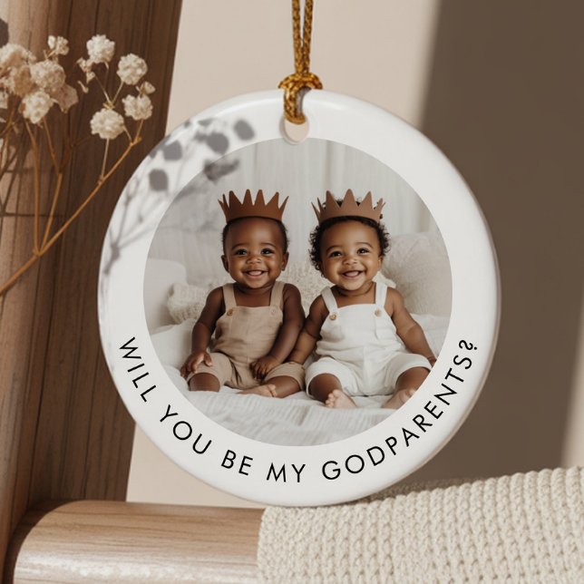 Will You Be My Godparents Photo Proposal Boy Twins Ceramic Ornament (Zazzle Will You Be My Godparents Photo Proposal Boy Twins Ceramic Ornament (Front))