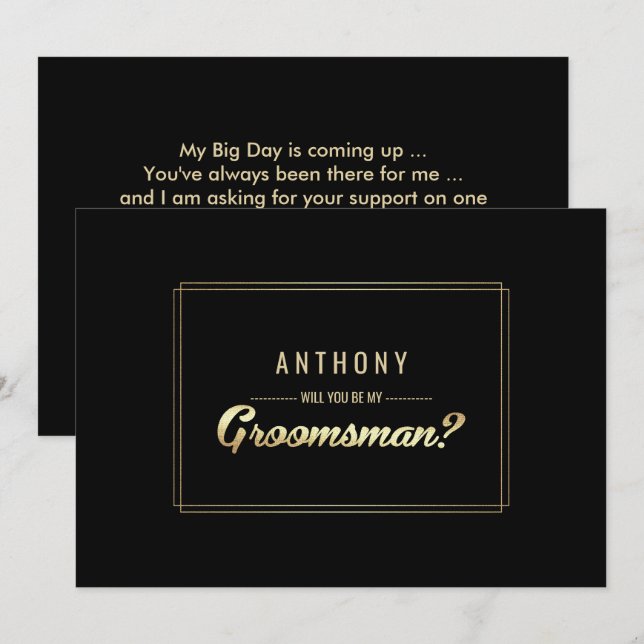 Will you be my Groomsman? Black Gold Wedding Invitation (Front/Back)
