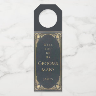 Will You Be My Groomsman Blue Gold Vintage Bottle Hanger Tag
