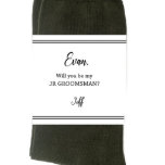 Will You Be My Groomsman Classic Socks Label<br><div class="desc">Groomsman Sock Labels are perfect for Proposing to your Groomsmen, Junior Groomsman, Usher, etc. Choose from personalized sock label only or choose to include a new pair of black socks (with tags) as shown in the photo. This wedding sock label will be personalized with your wording from who it is...</div>