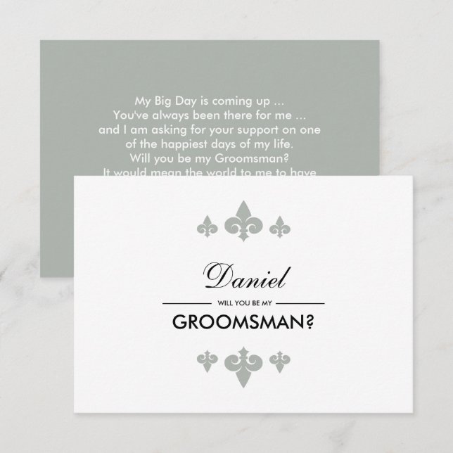 Will you be my Groomsman? Fleur-de-lis Grey White Invitation (Front/Back)