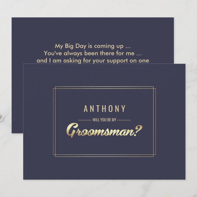 Will you be my Groomsman? Navy Blue Gold Wedding Invitation (Front/Back)