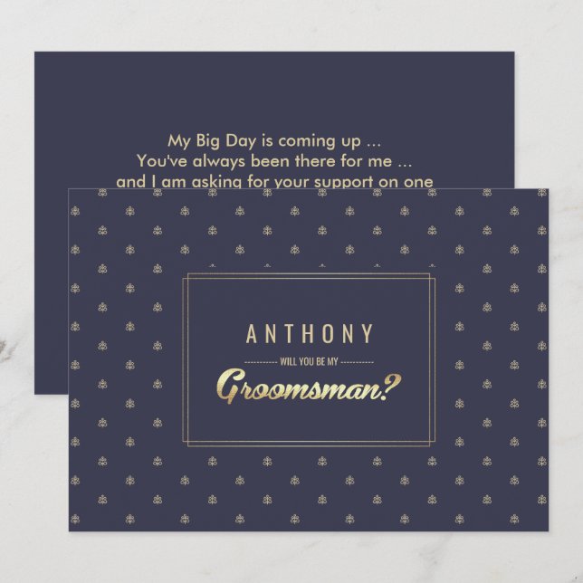 Will you be my Groomsman? Navy Blue Gold Wedding Invitation (Front/Back)