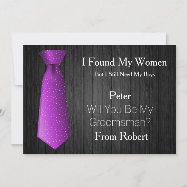 Will You Be My Groomsman Purple & White Tie Invitation (Front)