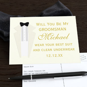 Will You Be My Groomsman Tuxedo Proposal Postcard